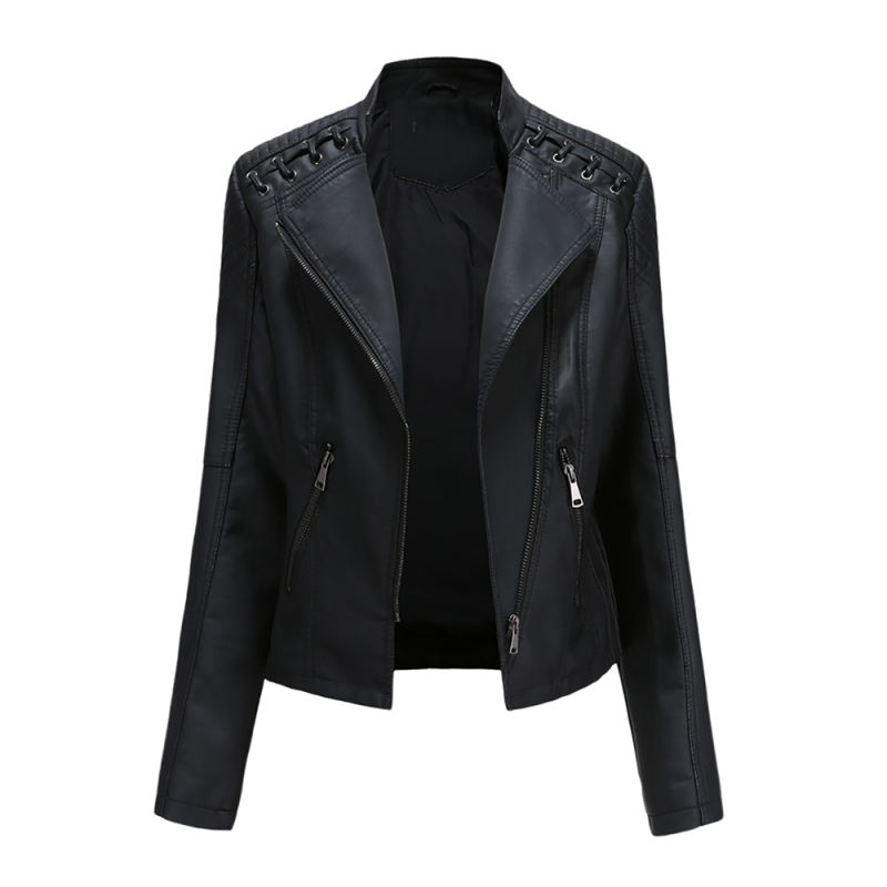 Black Zipper Slim Fit Motorcycle PU Leather Jacket TQK280090-2