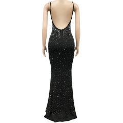 Black Rhinestone Open Back Mermaid Maxi Dress TQK311126-2
