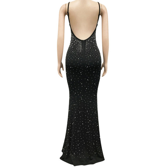 Black Rhinestone Open Back Mermaid Maxi Dress TQK311126-2