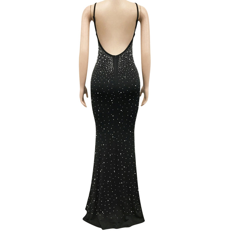 Black Rhinestone Open Back Mermaid Maxi Dress TQK311126-2