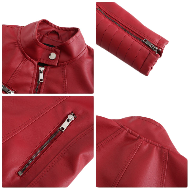 Red Zipper Pockets Long Sleeve PU Leather Jacket TQK280093-3