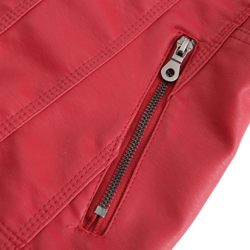 Red Removable Hooded Washed PU Leather Jacket TQK280096-3