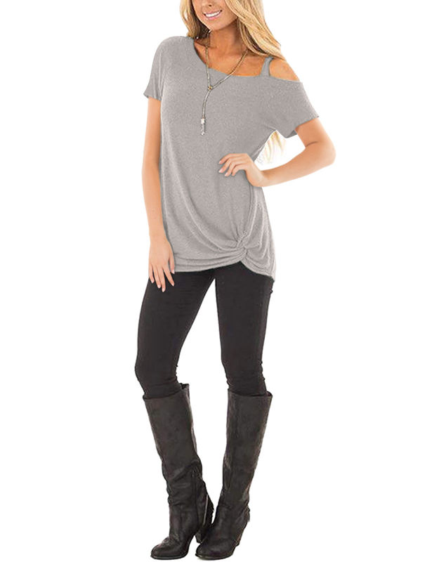Light Gray Cold Shoulder Knot Twist Front Short Sleeve Tunic Tops