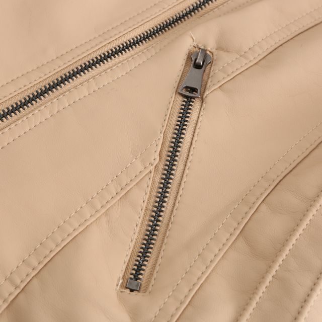Khaki Zipper Slim Fit Motorcycle PU Leather Jacket TQK280090-21