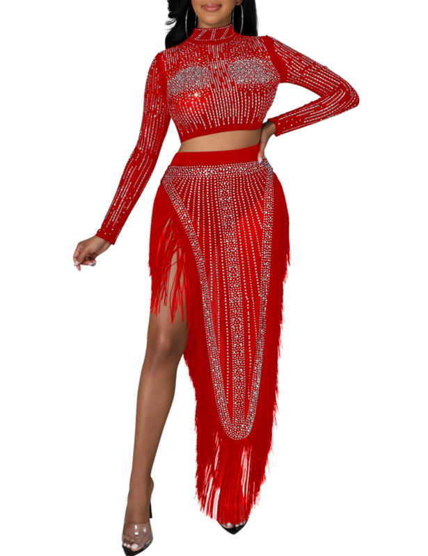 Red Rhinestone Long Sleeve Crop Tops and Tassels Skirt Set TQV810016-3