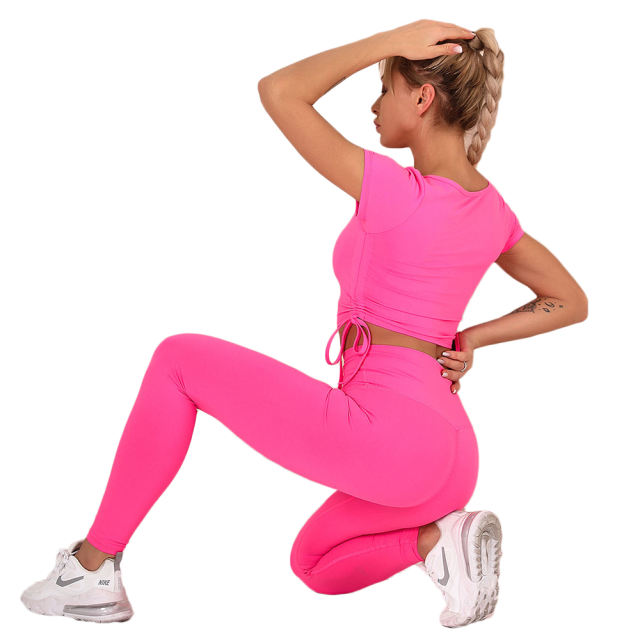 Rosy Sides Drawstring Short Sleeve Yoga Pant Set TQK710243-6