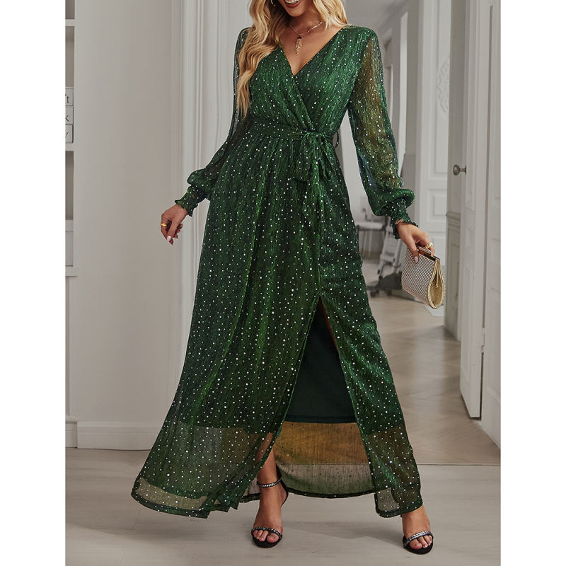 Green Sequin V Neck High Split Maxi Dress TQK311352-9