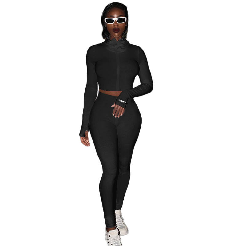 Black Cotton Blend Zipper Datail Long Sleeve Top with Pant Set TQK710132-2