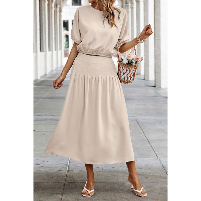 Apricot Pleated Crop Top with Skirt Set TQX711094-18