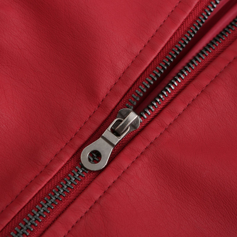 Red Slim Fit Stand Collar PU Motorcycle Jacket TQK280091-3