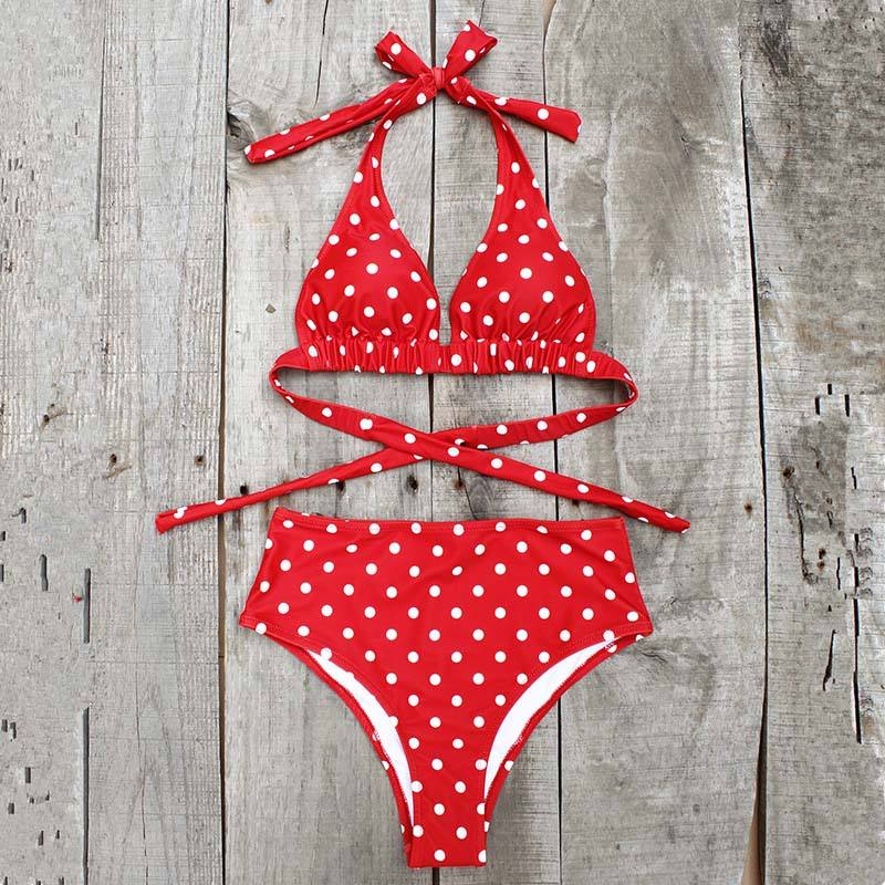 Red Polka Dot Halter 2pcs Bikini Swimsuit