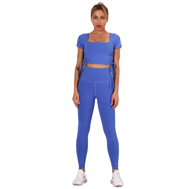 Blue Sides Drawstring Short Sleeve Yoga Pant Set TQK710243-5