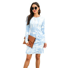 Light Blue Tie Dye Print Long Sleeve Dress TQK310360-30