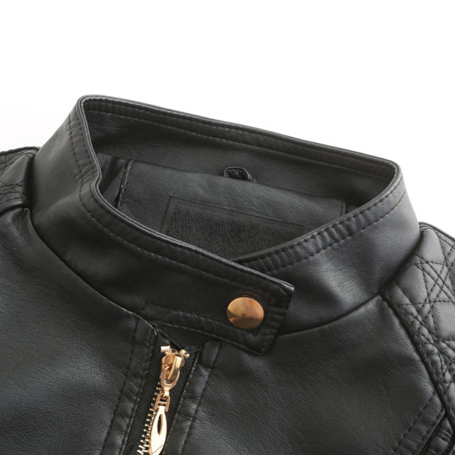 Black Classic Style Stand Collar PU Leather Jacket TQK280092-2