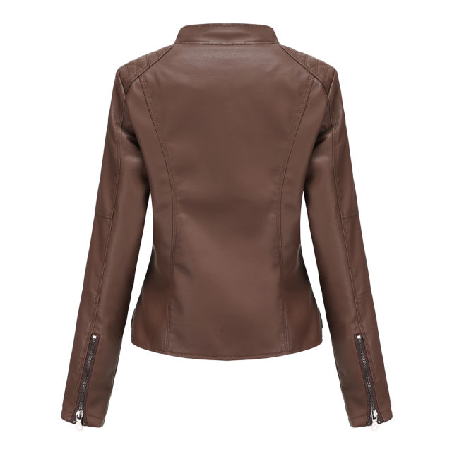 Coffee Slim Fit Stand Collar PU Motorcycle Jacket TQK280091-15