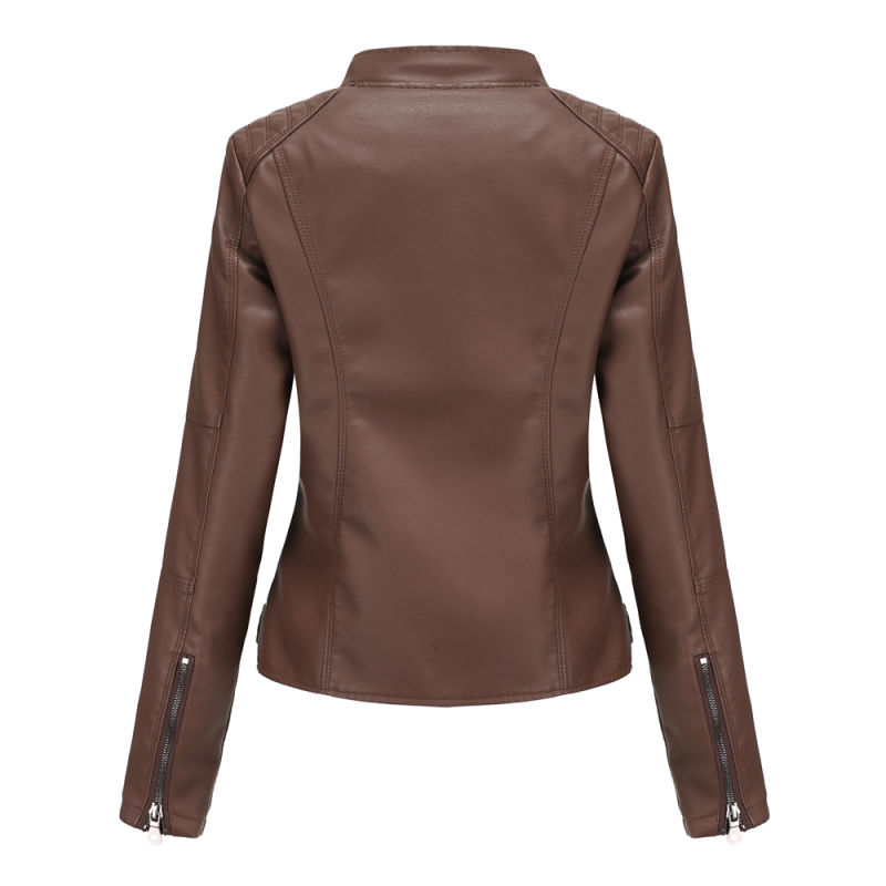 Coffee Slim Fit Stand Collar PU Motorcycle Jacket TQK280091-15