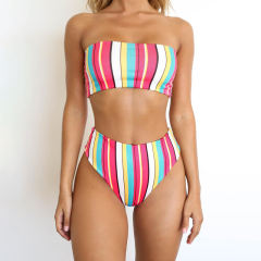 Multicolor Striped Off Shoulder Bikini Swimswear