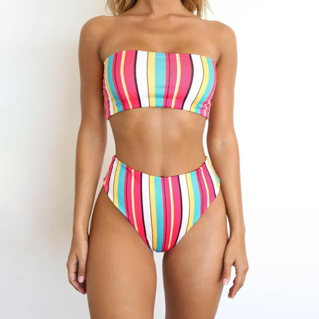 Multicolor Striped Off Shoulder Bikini Swimswear