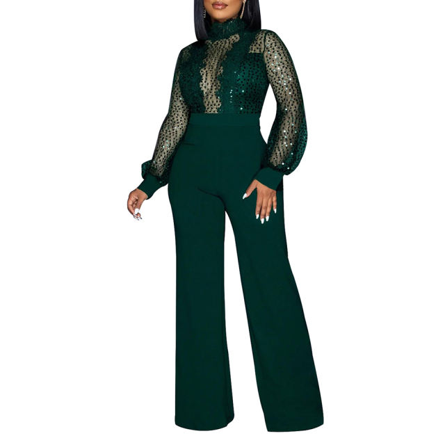 Dark Green Back Lace-up Long Sleeve Sequin Jumpsuit TQK550346-36