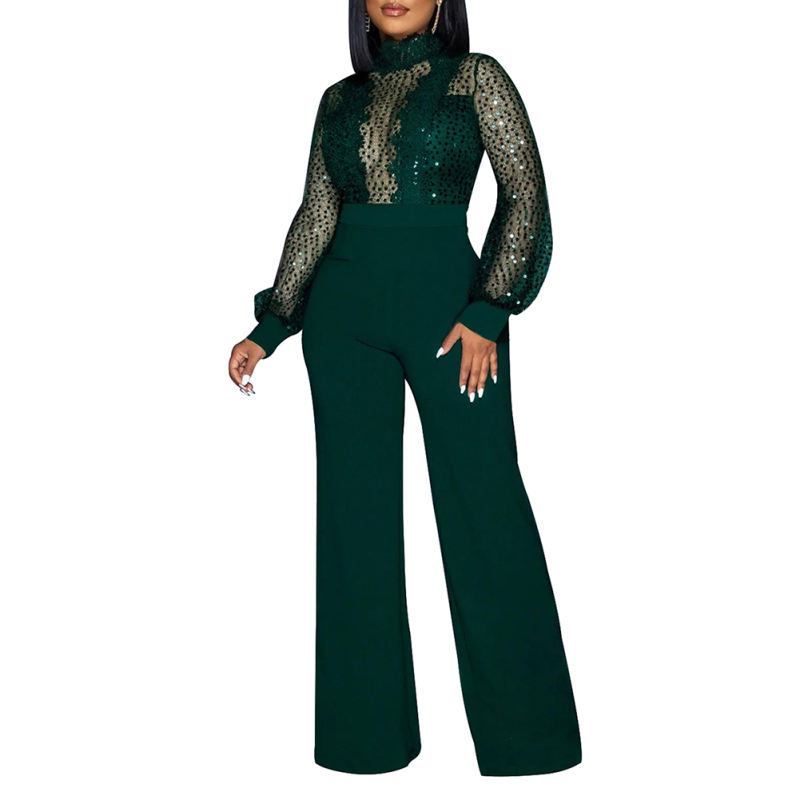 Dark Green Back Lace-up Long Sleeve Sequin Jumpsuit TQK550346-36