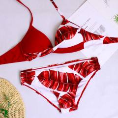 Red Leaf Print Halter Bikini Swimsuit TQK610119-3