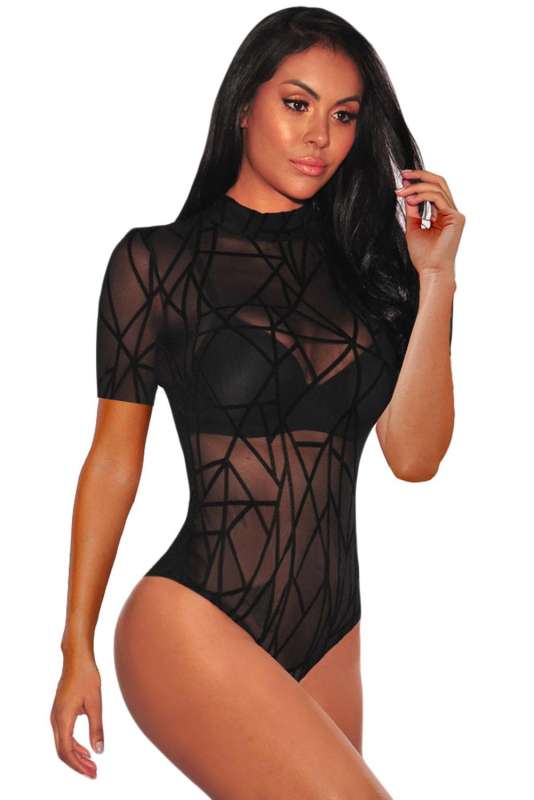 Short Sleeve Mock Neck Sheer Mesh Bodysuit LC32527-2