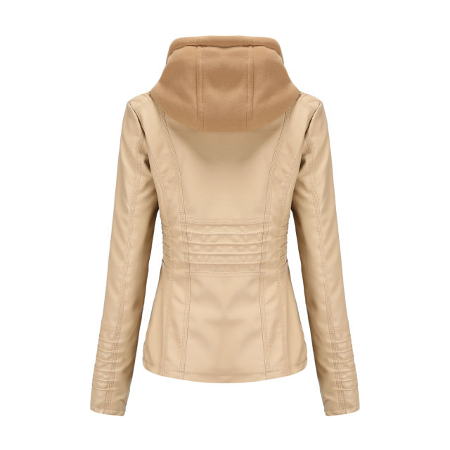 Apricot Removable Hooded Washed PU Leather Jacket TQK280096-18
