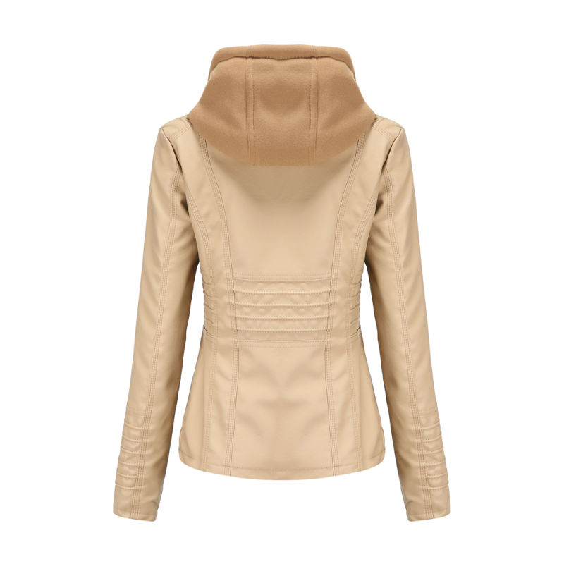 Apricot Removable Hooded Washed PU Leather Jacket TQK280096-18