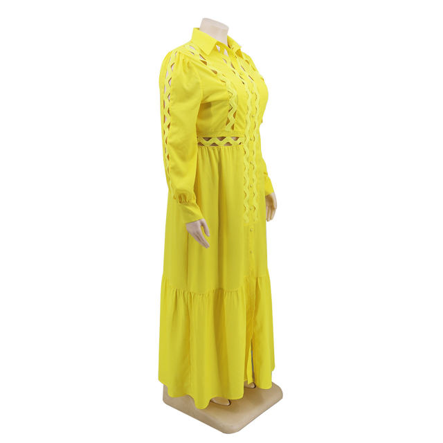 Solid Yellow Button Down Plus Size Dress TQK310446-7