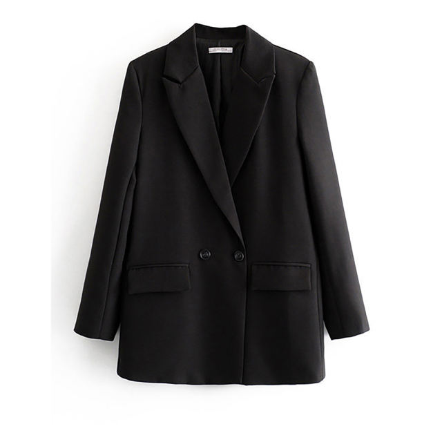Black Lapel Collar Button Solid Color Blazer TQK260054-2