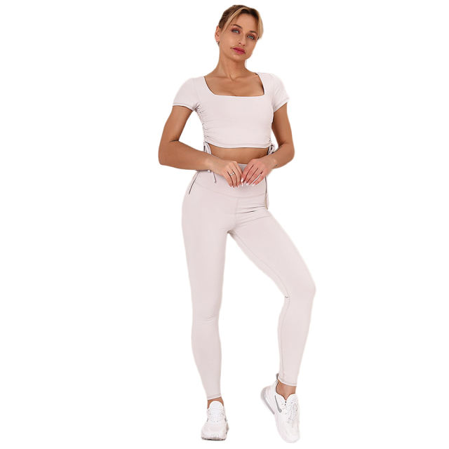 Light Gray Sides Drawstring Short Sleeve Yoga Pant Set TQK710243-25