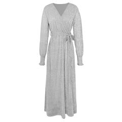 Silver Sequin V Neck High Split Maxi Dress TQK311352-13