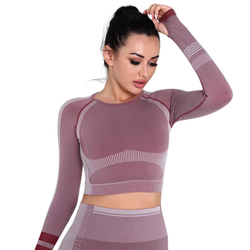 Wine Red Seamless Knit Long Sleeve Pant Yoga Set TQE91372-103