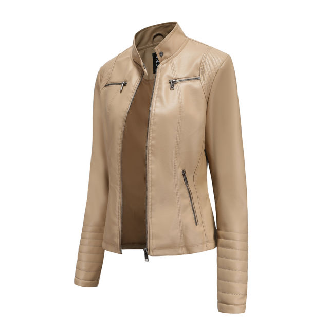Apricot Zipper Pockets Long Sleeve PU Leather Jacket TQK280093-18