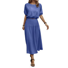 Blue Pleated Crop Top with Skirt Set TQX711094-5