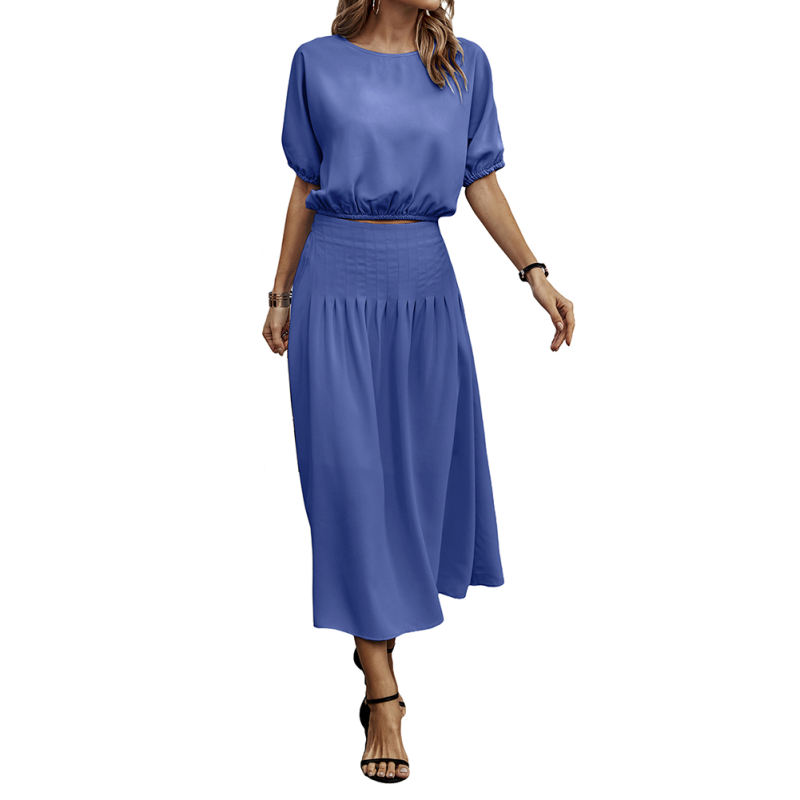 Blue Pleated Crop Top with Skirt Set TQX711094-5