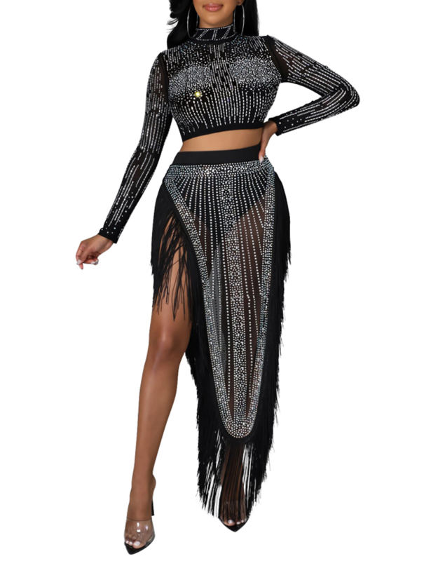 Black Rhinestone Long Sleeve Crop Tops and Tassels Skirt Set TQV810016-2