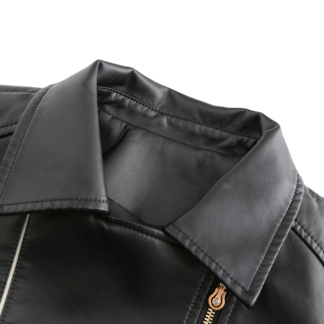 Black Turn Down Slim Fit PU Leather Jacket TQK280095-2