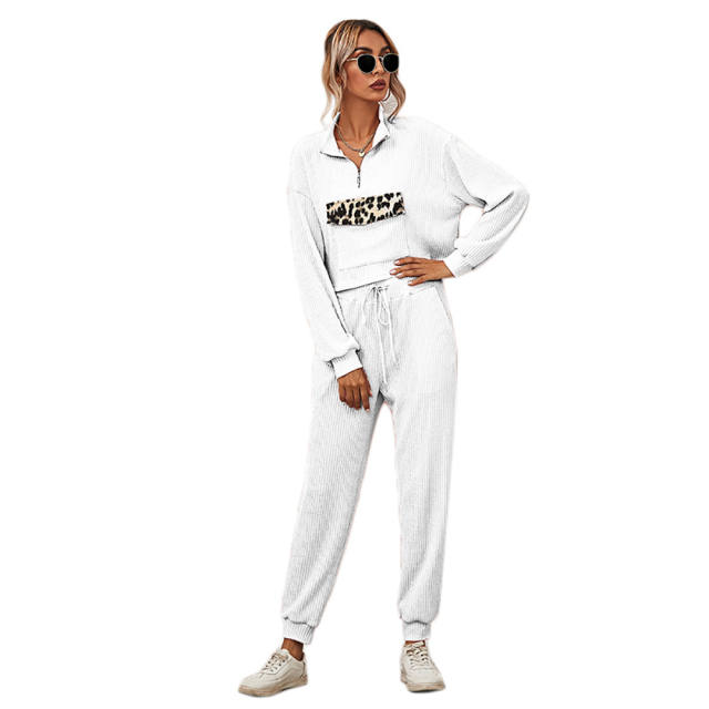 White Zipper Up Leopard Detail Sweatshirt with Pant Set TQK710222-1