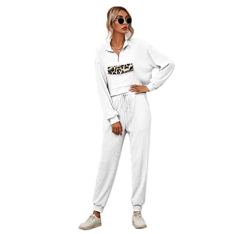White Zipper Up Leopard Detail Sweatshirt with Pant Set TQK710222-1