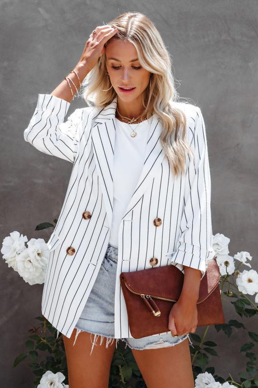 White Double Breasted Pocketed Striped Blazer LC852386-1