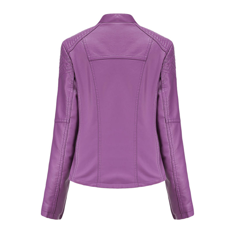Purple Zipper Slim Fit Motorcycle PU Leather Jacket TQK280090-8