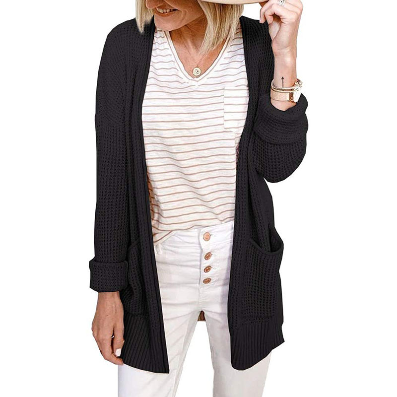 Black Waffle Knit Cardigan with Pockets TQK271081-2