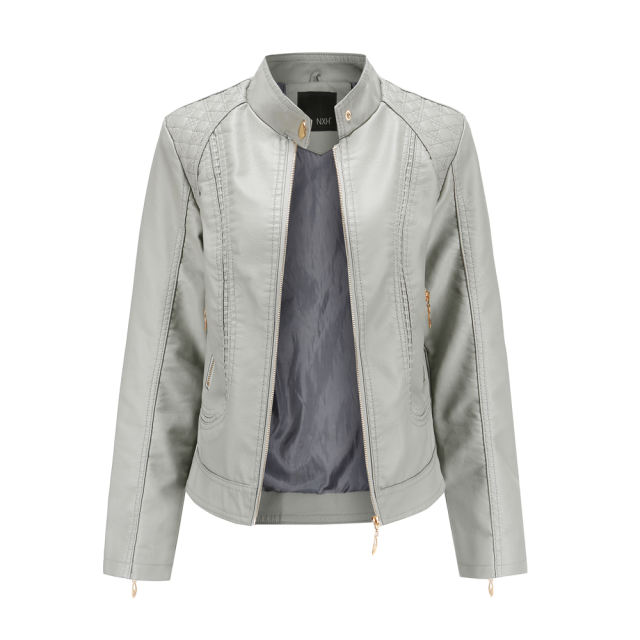 Gray Classic Style Stand Collar PU Leather Jacket TQK280092-11