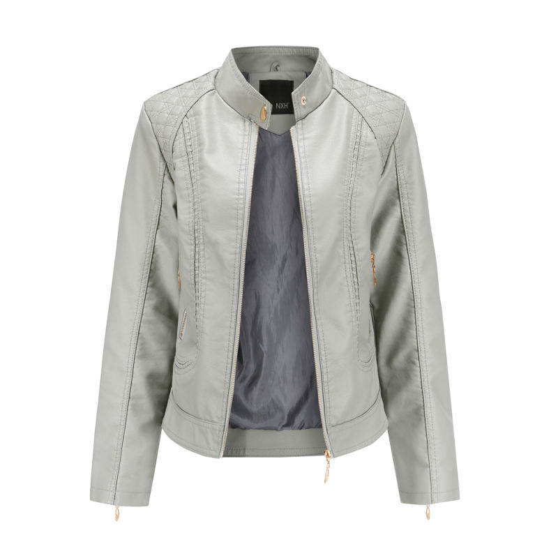 Gray Classic Style Stand Collar PU Leather Jacket TQK280092-11