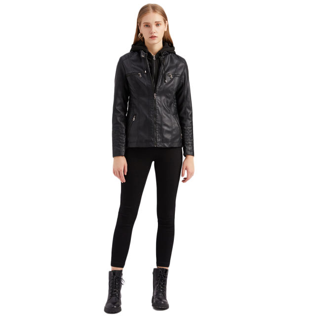 Black Removable Hooded Washed PU Leather Jacket TQK280096-2