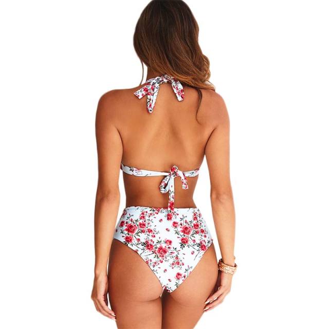 Pink Floral Print Halter 2pcs Bikini Swimsuit