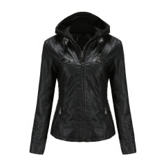 Black Removable Hooded Washed PU Leather Jacket TQK280096-2