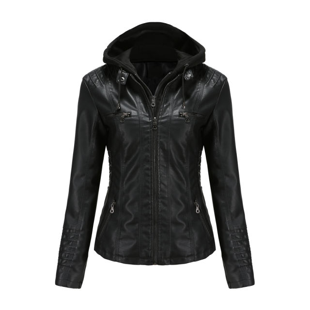 Black Removable Hooded Washed PU Leather Jacket TQK280096-2