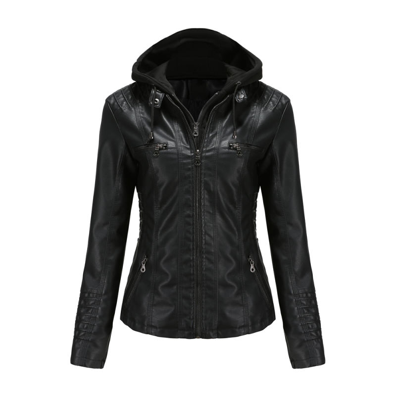 Black Removable Hooded Washed PU Leather Jacket TQK280096-2